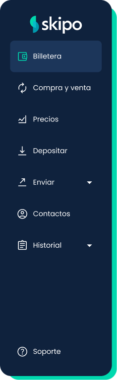 Barra lateral de la aplicación web de Skipo con la opción de billetera seleccionada.