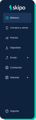 Barra lateral de la aplicación web de Skipo con la opción de billetera seleccionada.