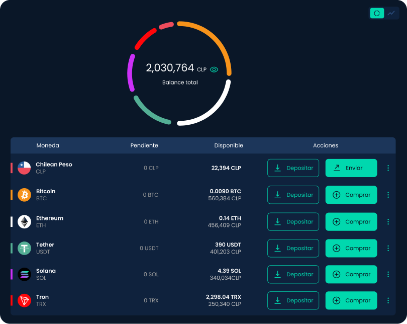 Vista de billetera en la aplicación web de Skipo con balance y monedas del usuario.