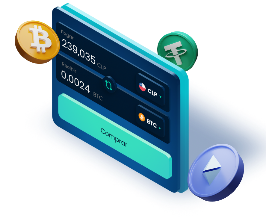 Ejemplo de conversión de criptomonedas en Skipo, mostrando el cambio de pesos chilenos a Bitcoin, con monedas de Bitcoin, Tether y Ethereum alrededor