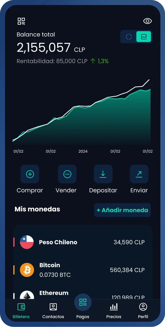 Captura de pantalla de la aplicación Skipo mostrando balance total y opciones de transacción