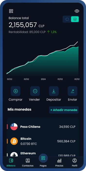 Captura de pantalla de la aplicación Skipo mostrando balance total y opciones de transacción