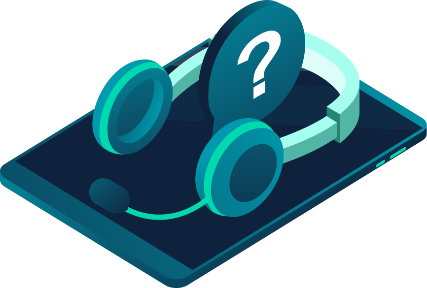 Headset with a microphone and a question mark over a smartphone