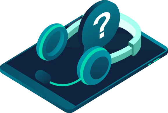Headset with a microphone and a question mark over a smartphone